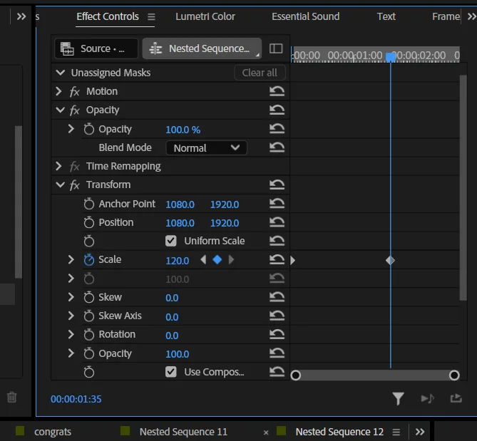 Effect Controls on a vertical sequence with Scale keyframed to 120, the two keyframe diamonds visible on the timeline side
