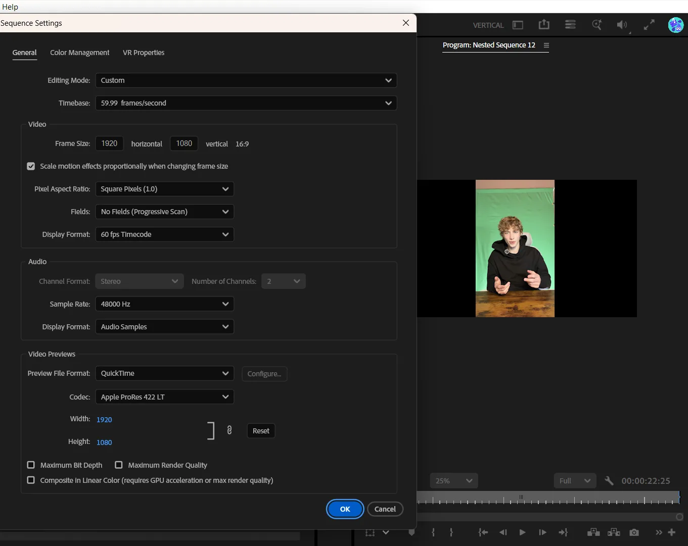 Sequence Settings switched from vertical to 1920x1080, the 9:16 footage now pillarboxed in the Program Monitor behind the dialog