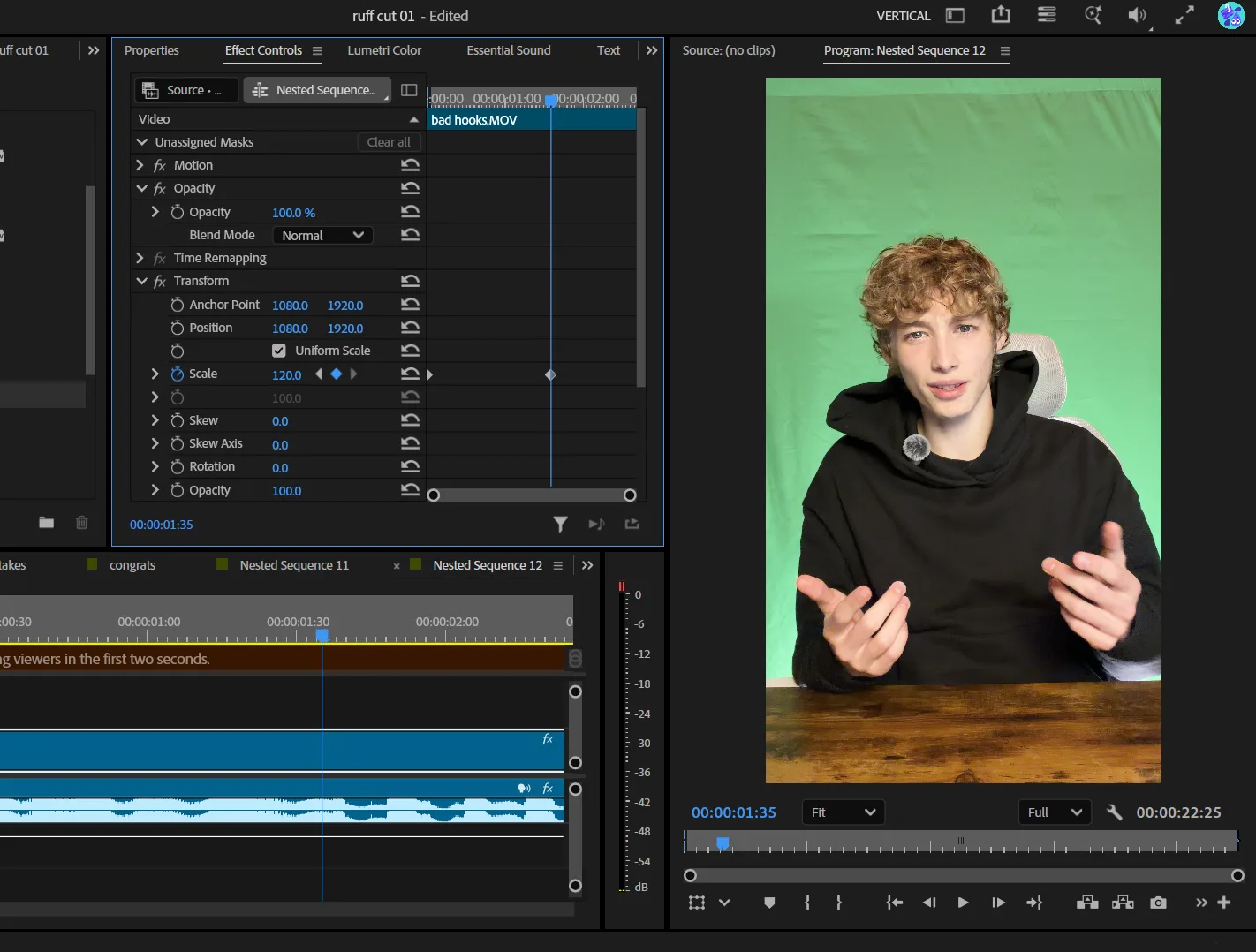 Editing a 1080x1920 vertical sequence in Premiere, the talking-head clip scaled and keyframed in Effect Controls